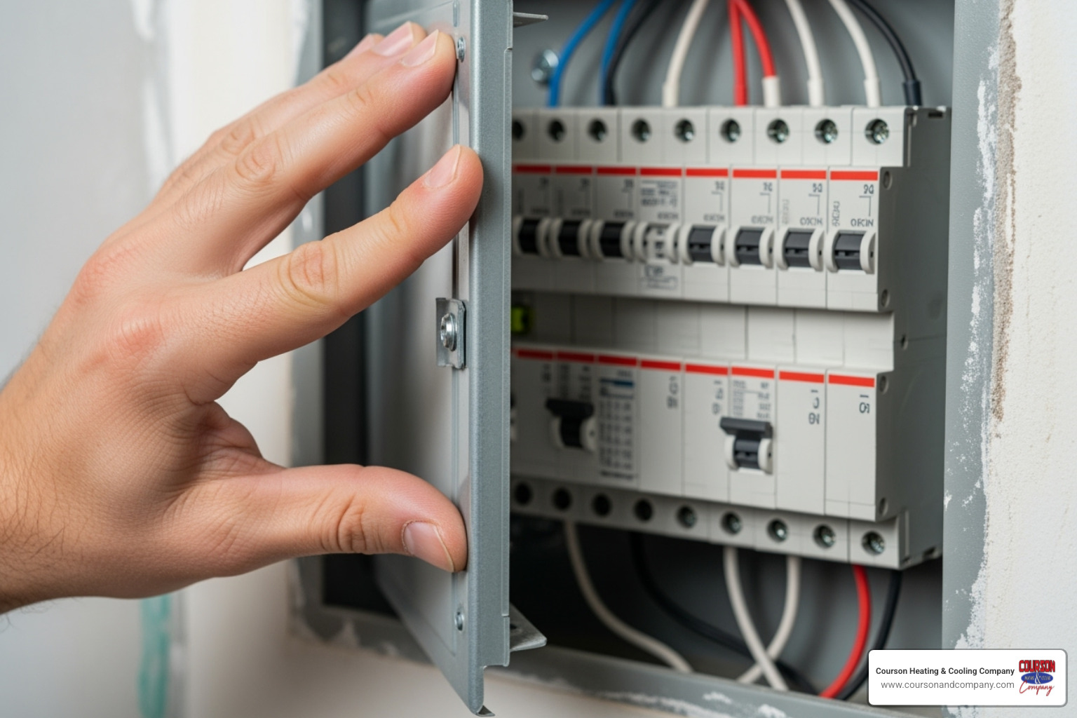 hand checking a home's circuit breaker panel - cooling system repair riverview fl hand checking a home's circuit breaker panel - cooling system repair riverview fl