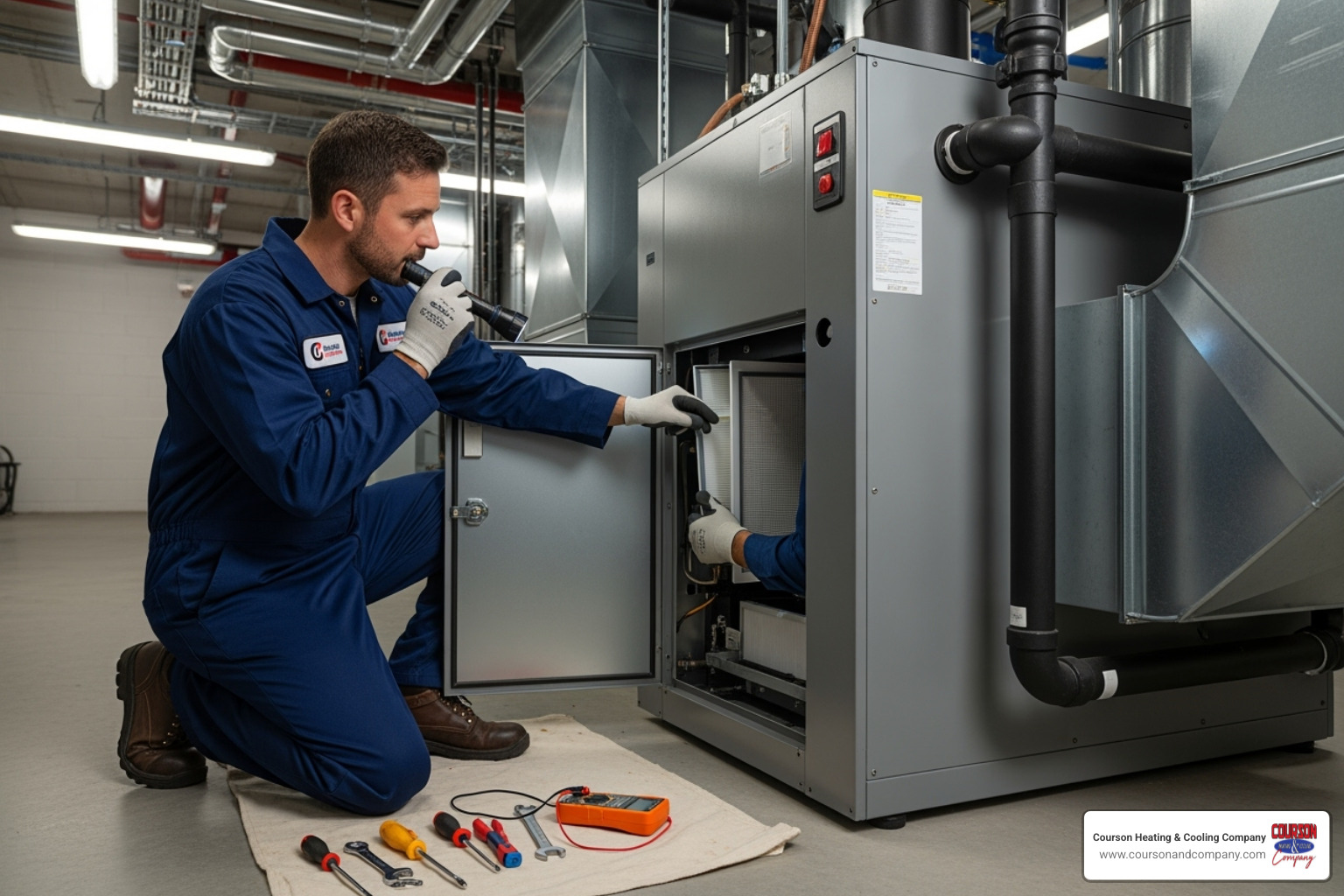 A professional HVAC technician is performing routine maintenance on an indoor commercial heating system, checking filters and connections. - commercial heating service valrico fl A professional HVAC technician is performing routine maintenance on an indoor commercial heating system, checking filters and connections. - commercial heating service valrico fl