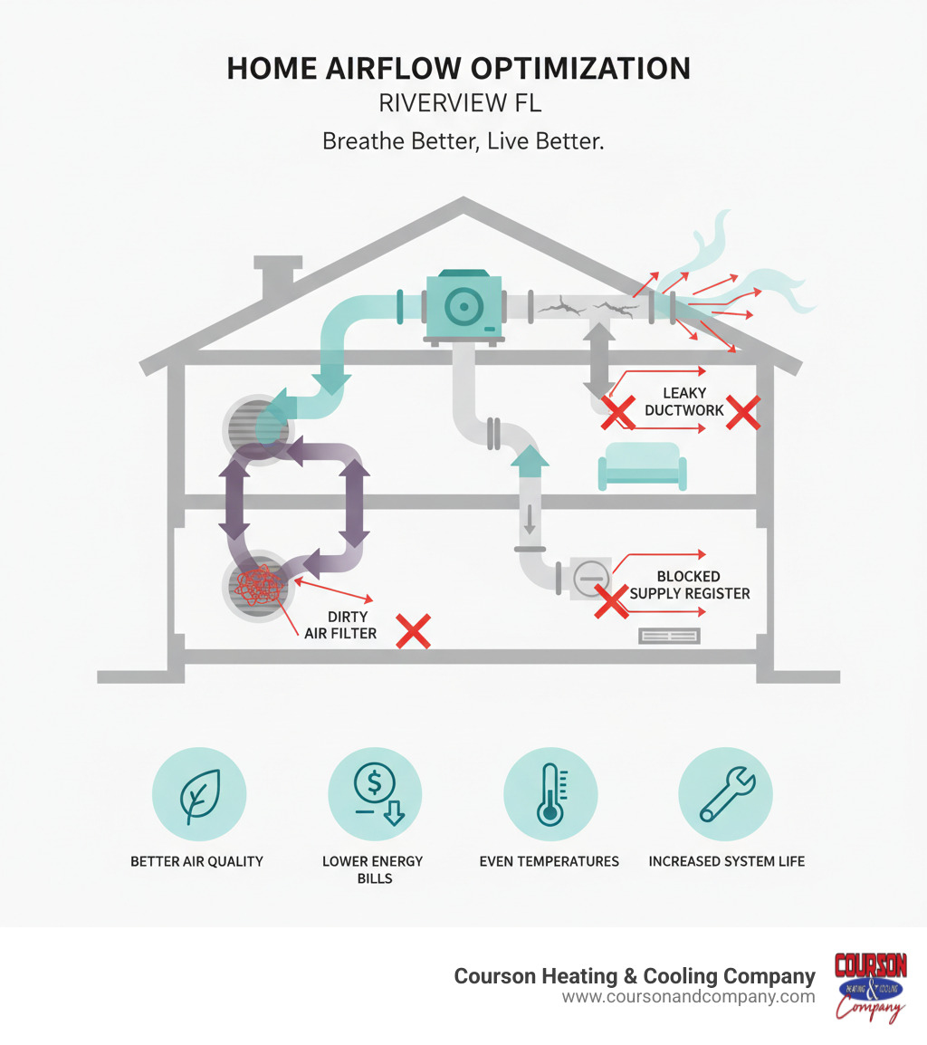 infographic showing cross-section of home with HVAC airflow path, highlighting common blockages including dirty air filters in return vents, leaky ductwork in attic, blocked supply registers, and closed dampers with arrows showing restricted airflow - airflow optimization riverview fl infographic 