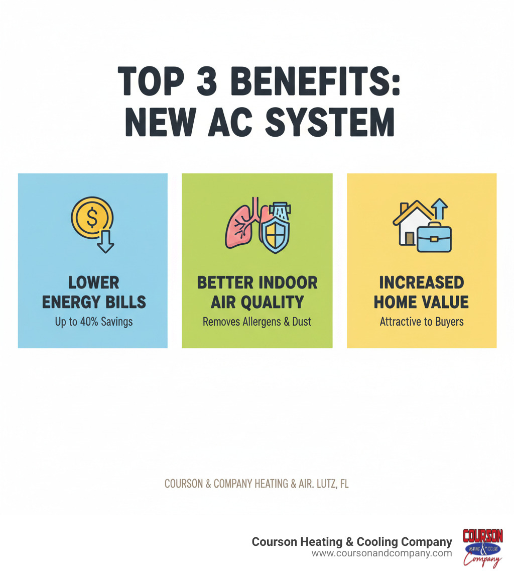 Infographic showing the top 3 benefits of a new AC system: 1. Lower energy bills with modern high-efficiency systems reducing monthly costs by up to 40 percent. 2. Better indoor air quality with advanced filtration removing allergens, dust, and pollutants. 3. Increased home value as upgraded HVAC systems are attractive to potential buyers and improve resale value. - hvac install company lutz fl infographic Infographic showing the top 3 benefits of a new AC system: 1. Lower energy bills with modern high-efficiency systems reducing monthly costs by up to 40 percent. 2. Better indoor air quality with advanced filtration removing allergens, dust, and pollutants. 3. Increased home value as upgraded HVAC systems are attractive to potential buyers and improve resale value. - hvac install company lutz fl infographic