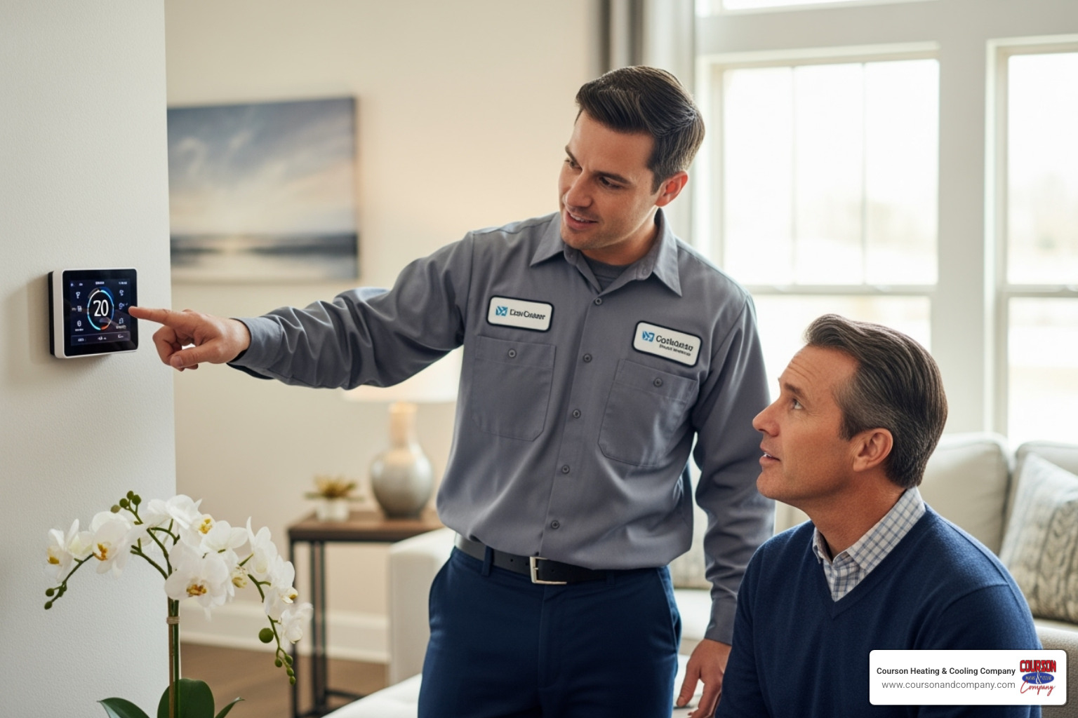 Friendly technician explaining a new thermostat to a homeowner - hvac install company lutz fl Friendly technician explaining a new thermostat to a homeowner - hvac install company lutz fl