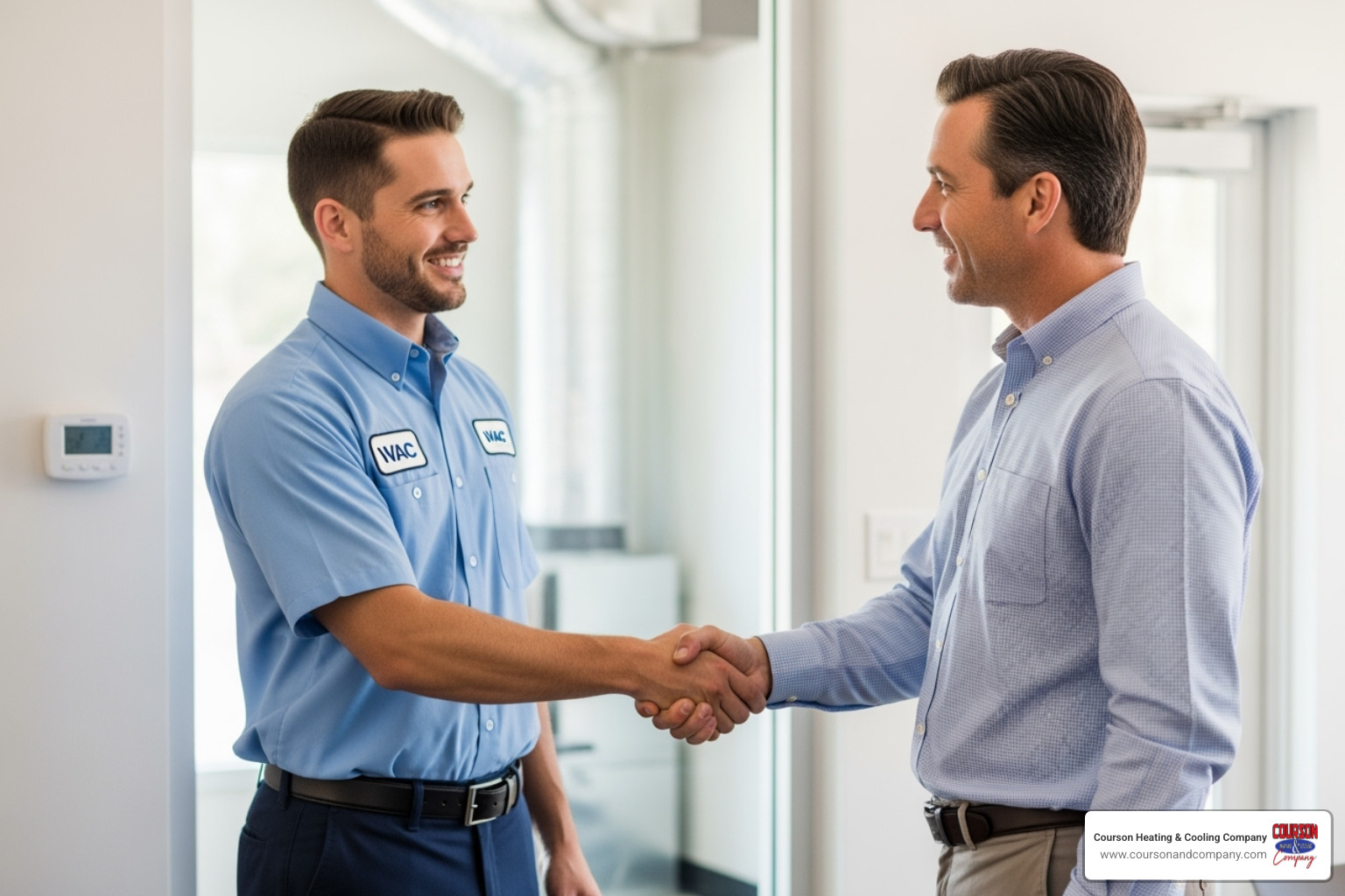 A friendly, professional HVAC technician in uniform shaking hands with a business owner in a commercial setting - commercial hvac installation brandon fl
