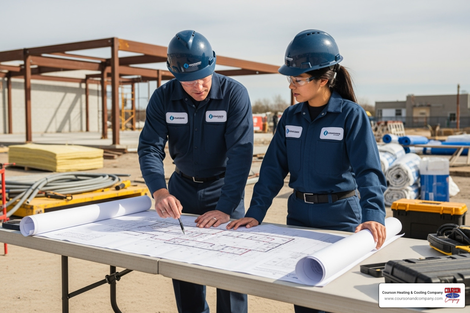 HVAC technicians collaboratively reviewing blueprints for a commercial building project - commercial hvac installation brandon fl