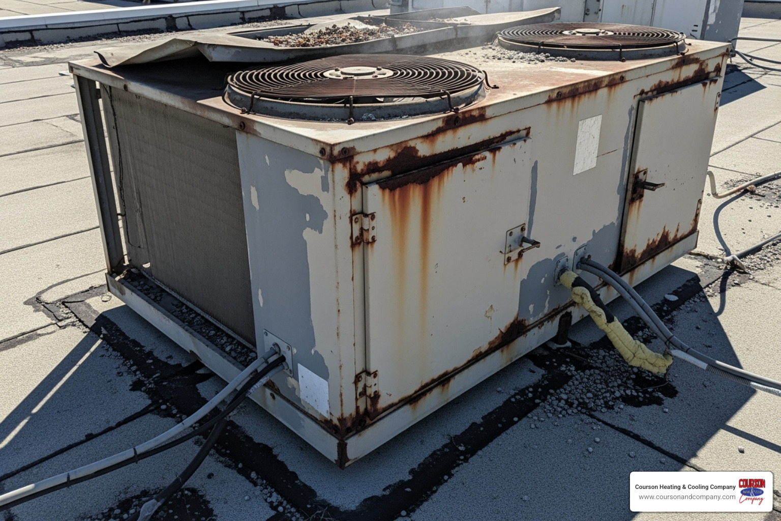 An old, inefficient rooftop AC unit, showing signs of wear and rust - commercial hvac installation brandon fl