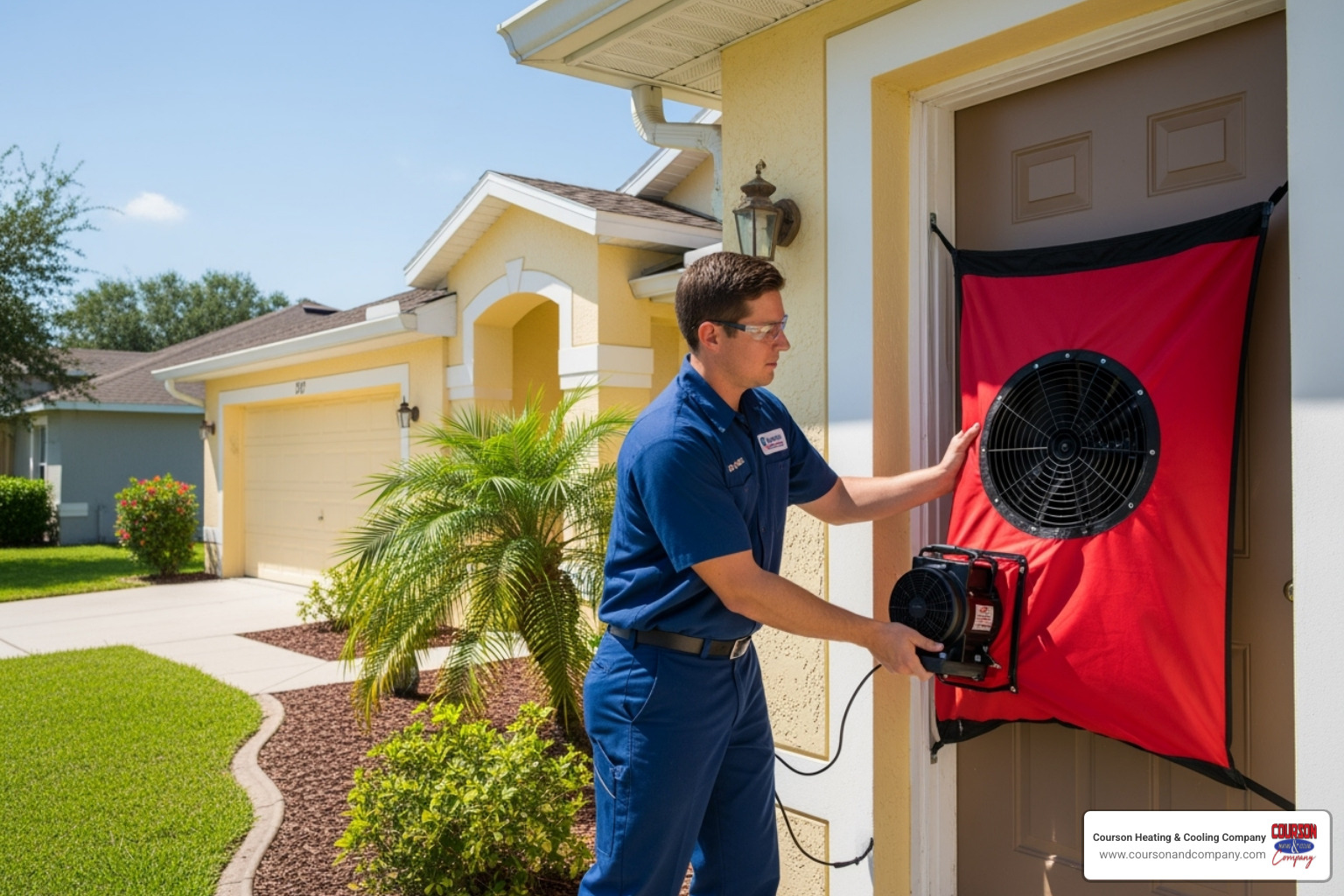 A technician setting up a blower door test on a front door - duct leak testing brandon fl A technician setting up a blower door test on a front door - duct leak testing brandon fl
