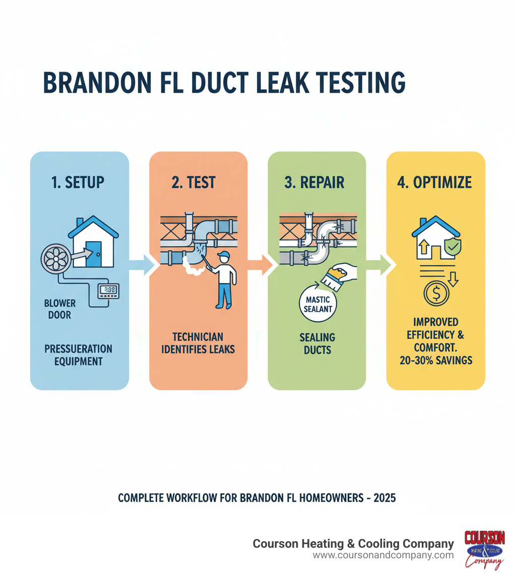 Professional duct leak testing process showing blower door setup, duct pressurization equipment, technician using smoke pen to identify leaks in attic ductwork, and sealed ducts with mastic sealant—demonstrating the complete testing and repair workflow for Brandon FL homeowners - duct leak testing brandon fl infographic Professional duct leak testing process showing blower door setup, duct pressurization equipment, technician using smoke pen to identify leaks in attic ductwork, and sealed ducts with mastic sealant—demonstrating the complete testing and repair workflow for Brandon FL homeowners - duct leak testing brandon fl infographic