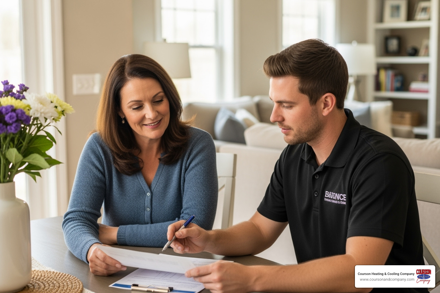 homeowner reviewing document with technician - ac system replacement tampa bay fl