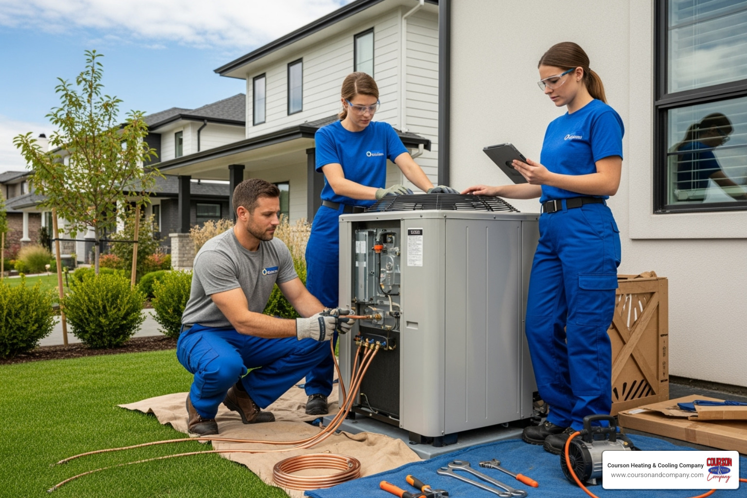 technicians professionally installing an outdoor unit - heat pump installation riverview fl