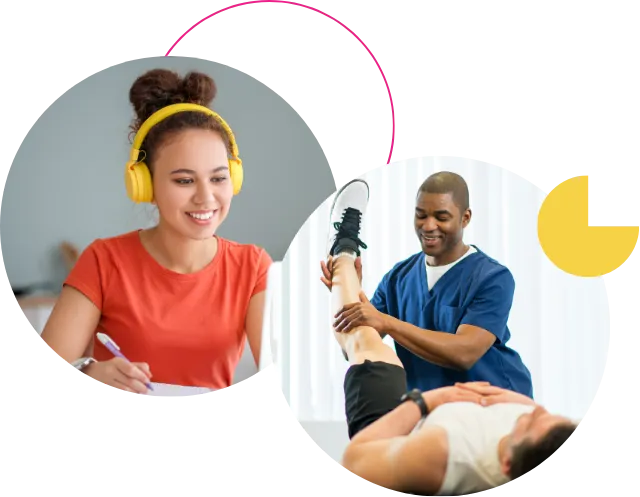A collage-style image featuring a young woman wearing yellow headphones and writing, alongside a healthcare professional assisting a patient with a leg stretch, accented by abstract circular and geometric shapes.