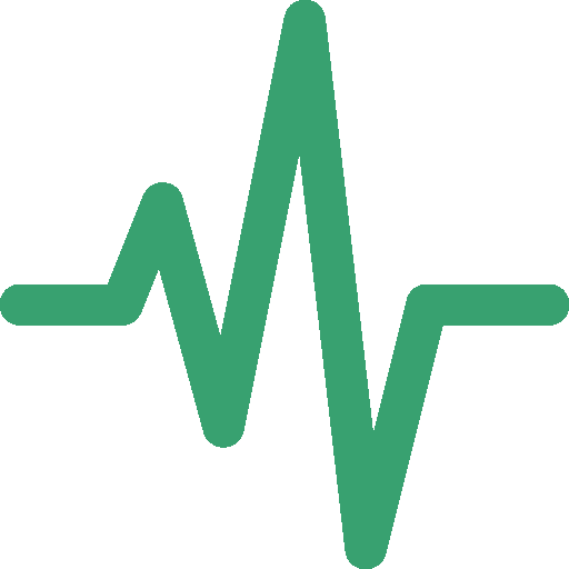 Green sound wave or heartbeat line icon with peaks and troughs.