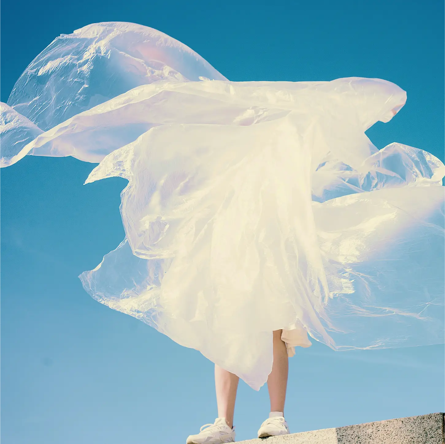 a person standing on a ledge with a plastic bag flying in the air