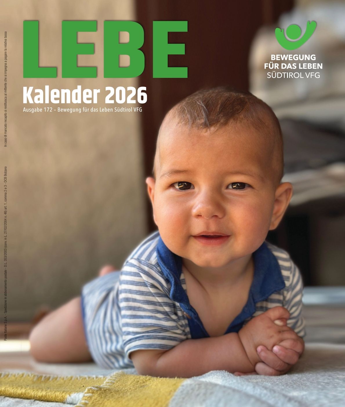 Süßes Baby liegt auf einer Decke am Boden und blickt herzig in die Kamera.