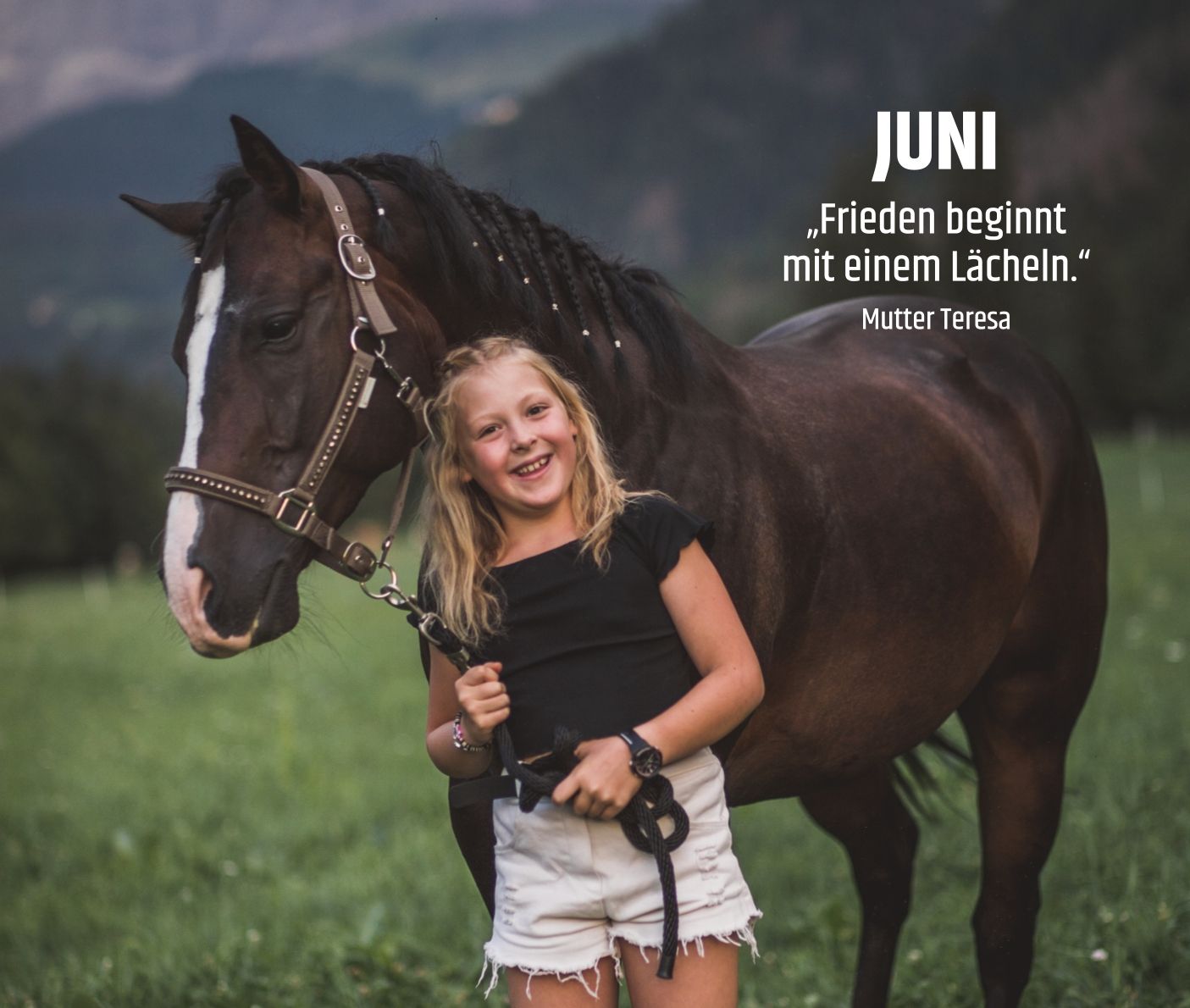 Fröhliches Mädchen kuschelt auf der Wiese mit einem großen schwarzen Pferd.