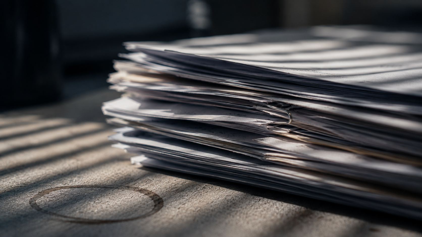 The edges of a thick stack of unanswered claim correspondence on a desk, crossed by shadows from window blinds.