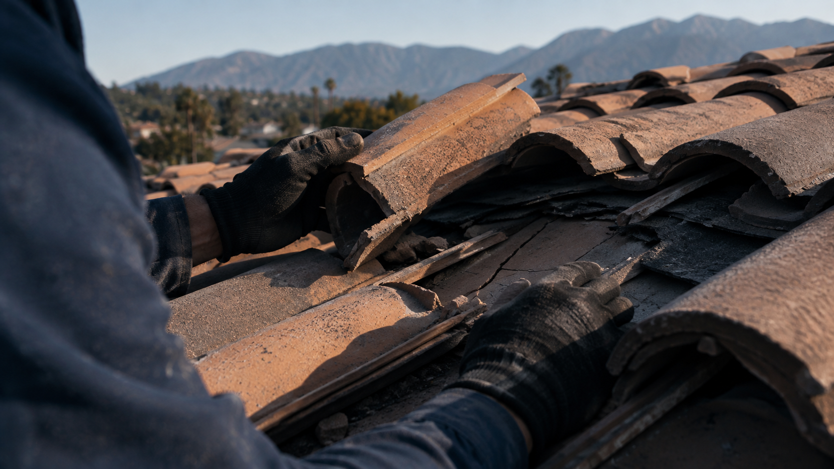 Gloved hands lifting a cracked terracotta roof tile to reveal torn underlayment on a Southern California roof.