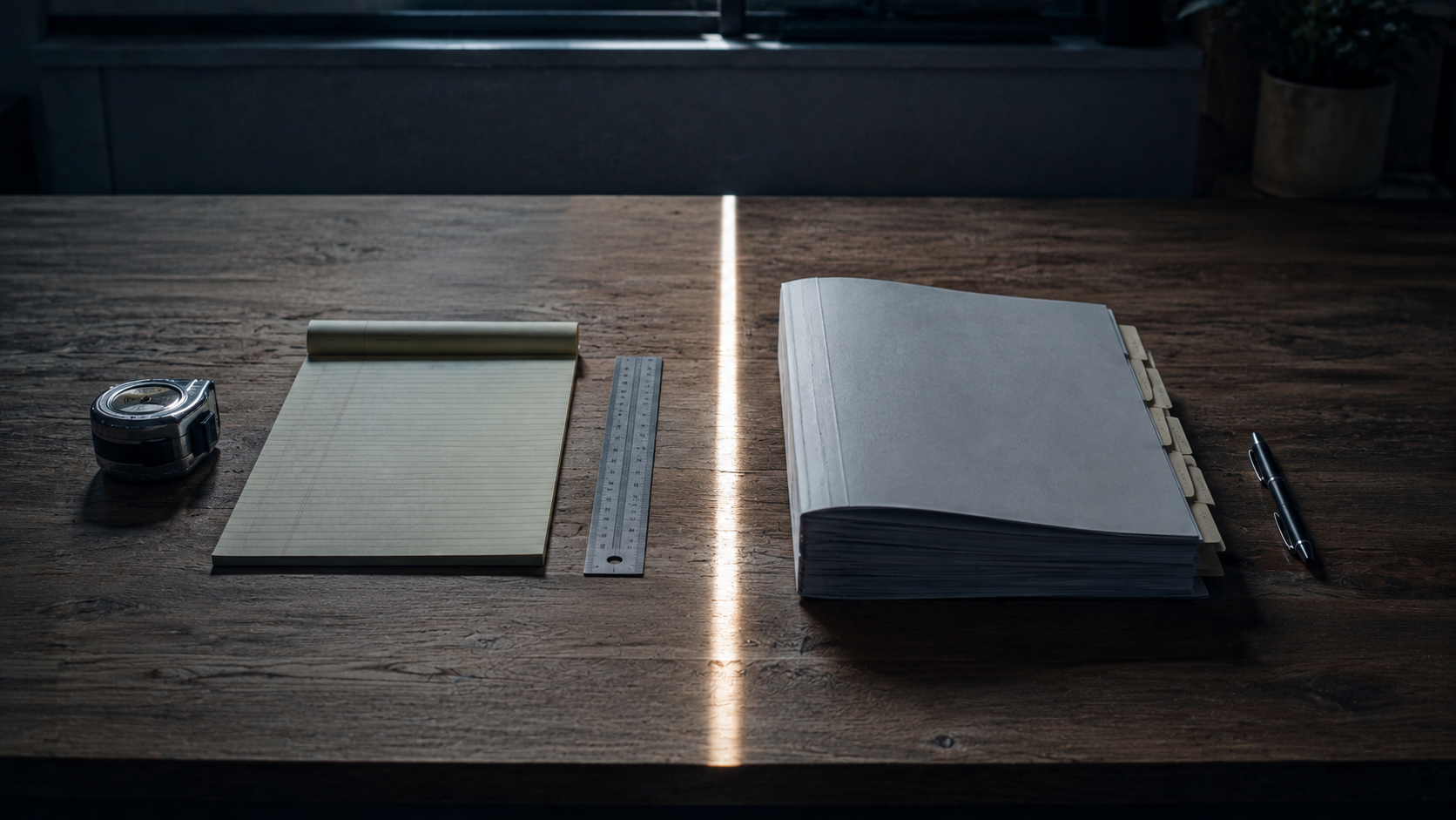 A desk split by a shaft of light, with estimating tools on one side and a tabbed policy document on the other.