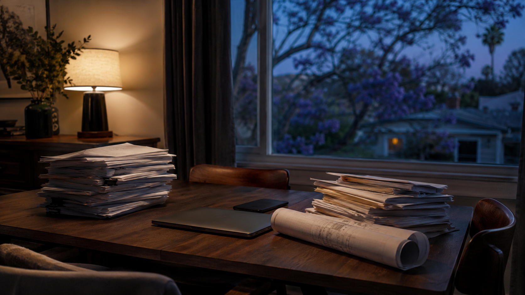 A dining table used as a home insurance claim workspace at dusk, with paperwork, a laptop and a contractor's estimate.