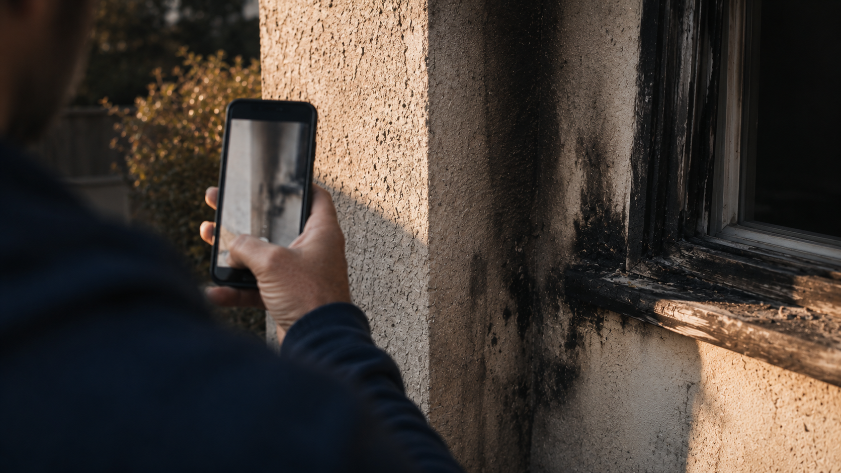 A homeowner's hand photographing a soot streaked stucco wall corner with a phone in late golden light.
