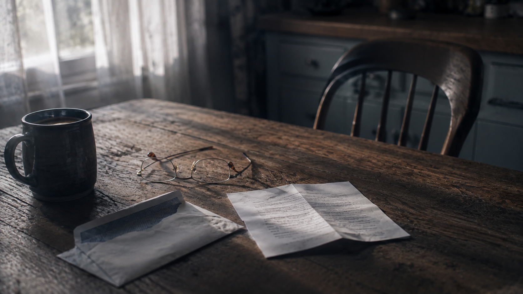 An opened letter on an oak kitchen table beside reading glasses and a cooling mug in thin morning light.