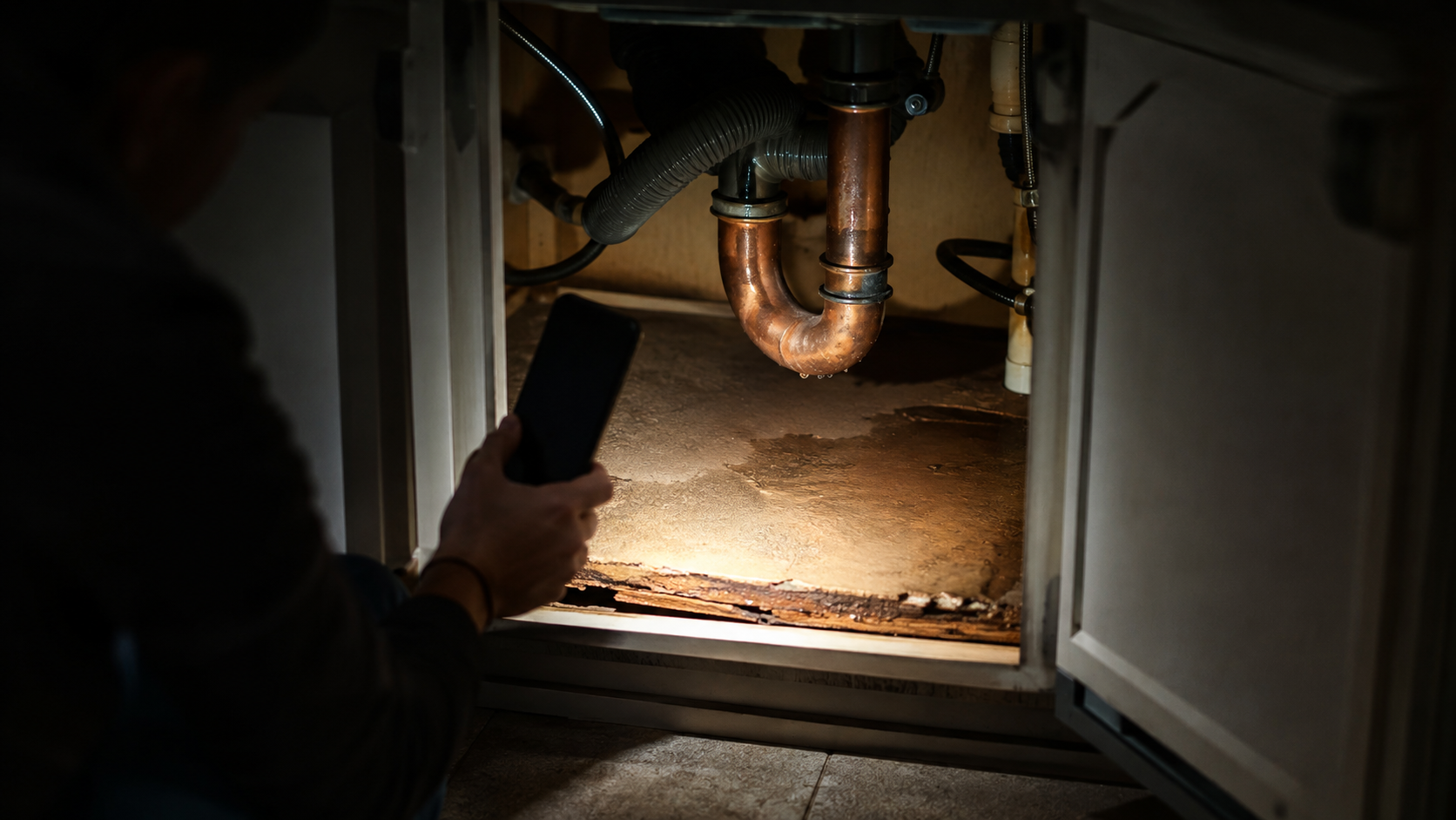 A phone flashlight revealing water beaded on a copper pipe inside a dark under sink cabinet.