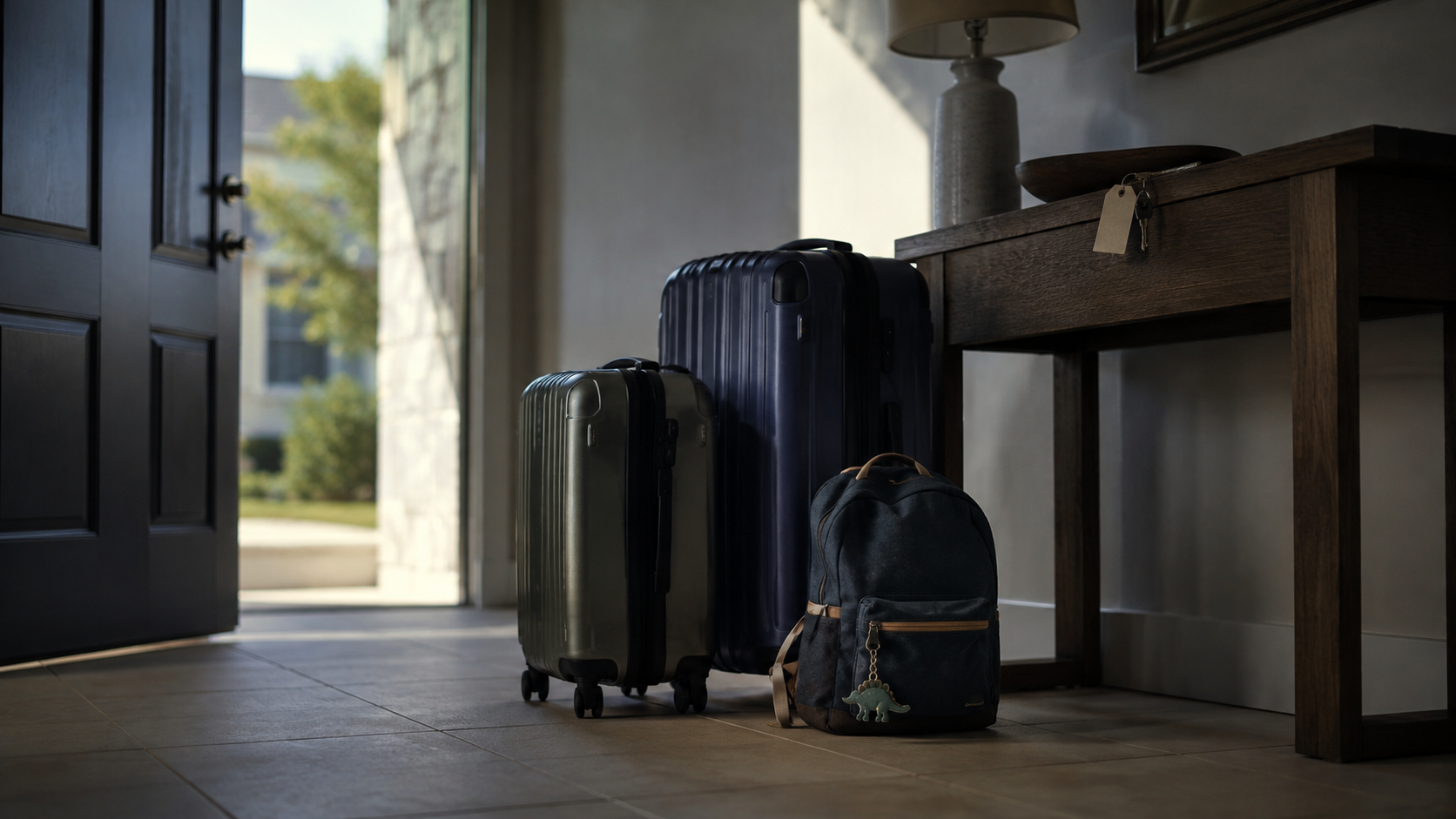 Packed suitcases and a child's backpack waiting by the front door of a rental home in morning light.