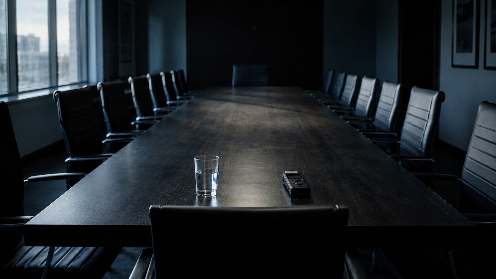 A long empty conference table with one chair pulled out, a glass of water and a small audio recorder.