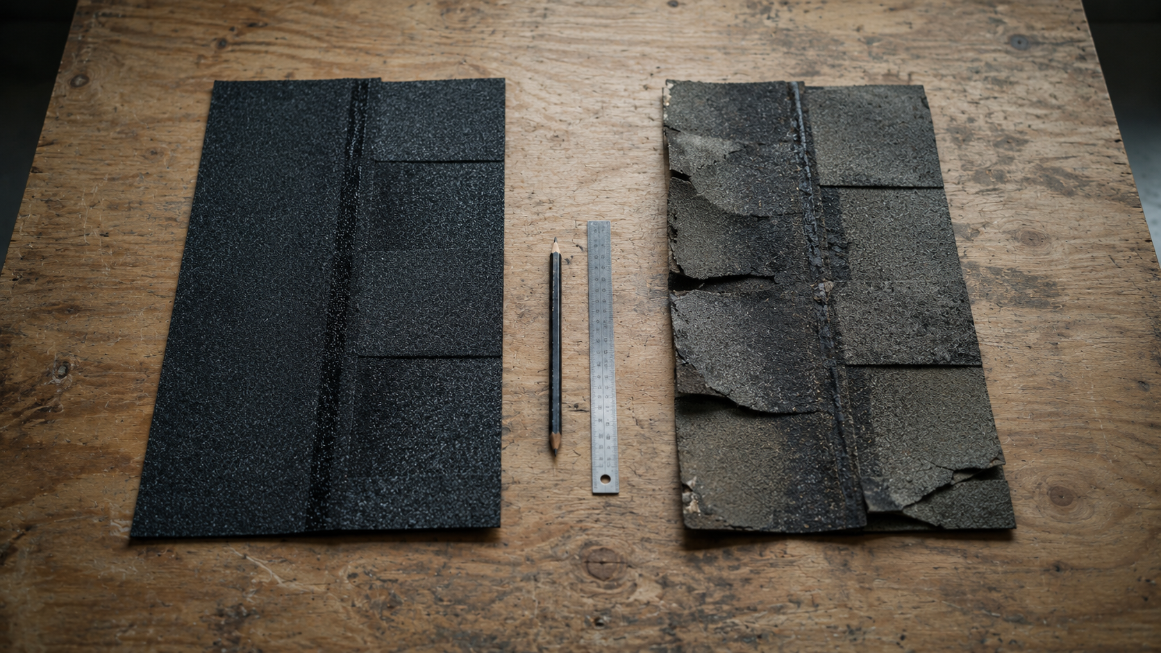 A new dark roof shingle beside a sun faded curled shingle on a workbench, with a pencil and steel ruler between them.