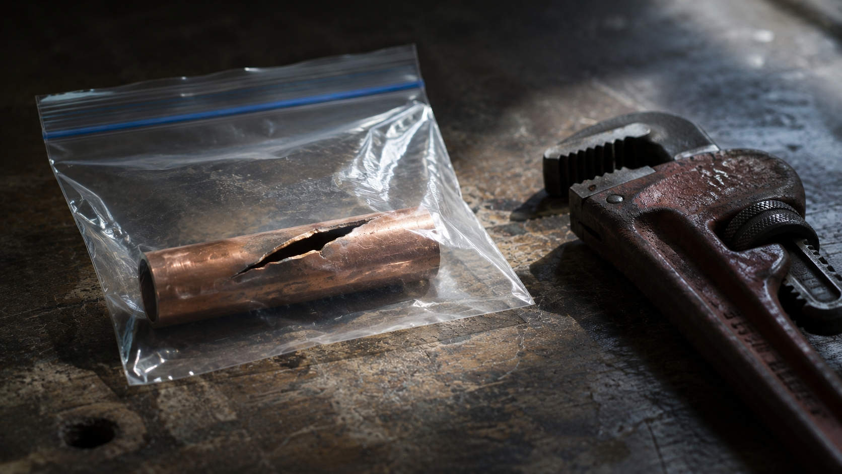 A split section of copper pipe sealed in a clear bag on a workbench beside a pipe wrench.