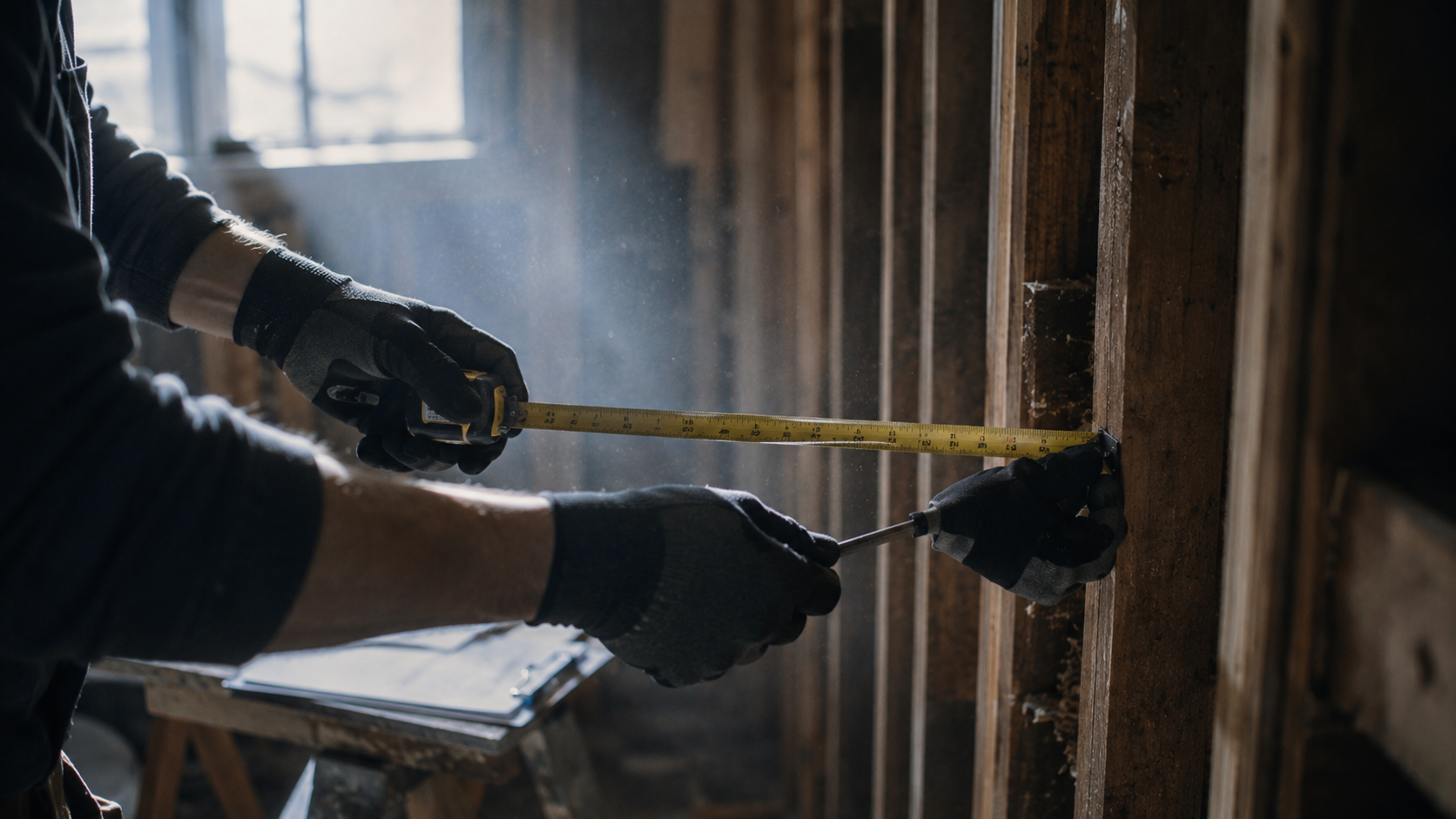 A gloved hand stretching a tape measure across exposed wall framing in a room under repair.