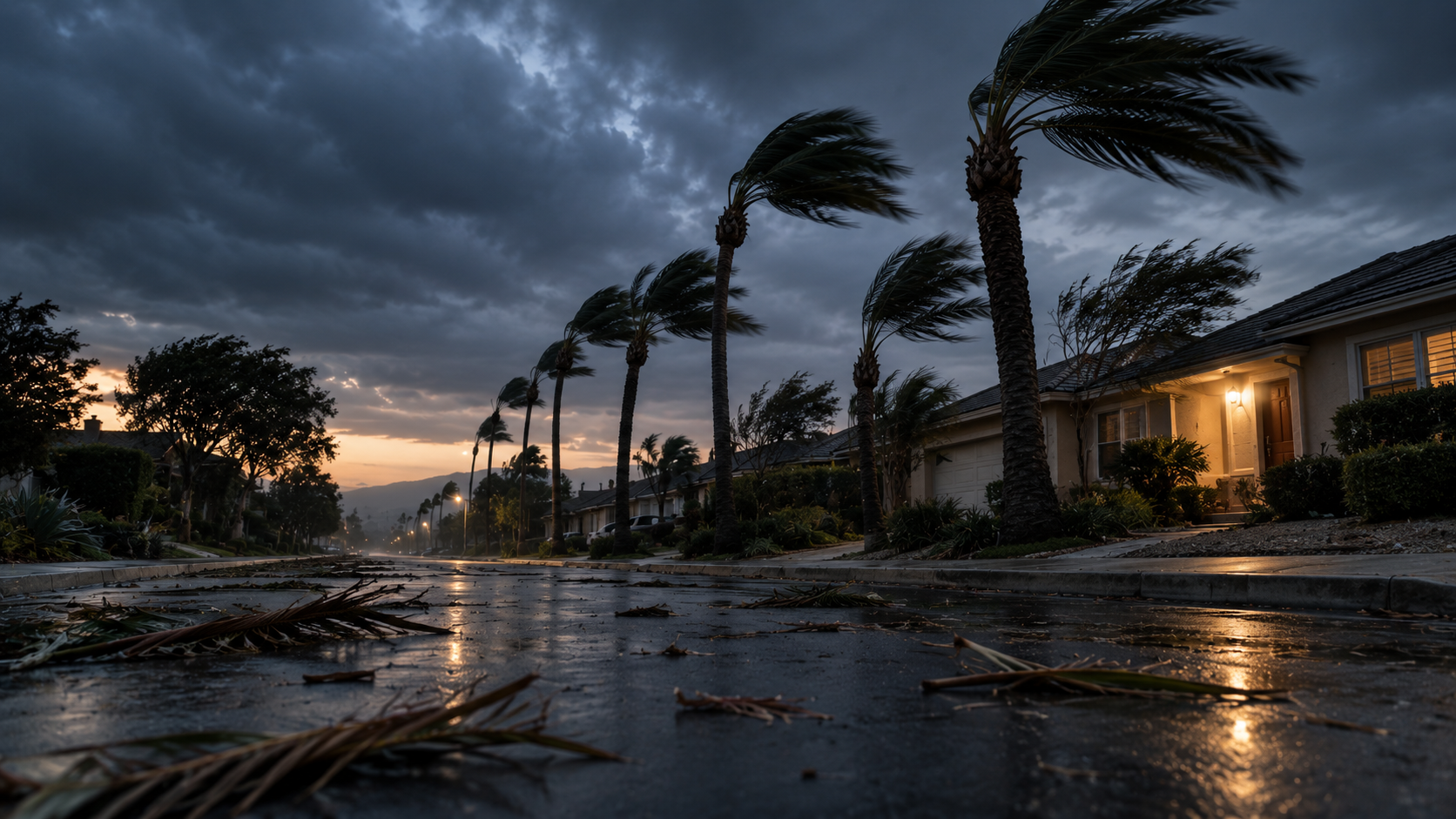 Palm trees bending in strong wind over a dusk suburban street, with fronds scattered on the asphalt.