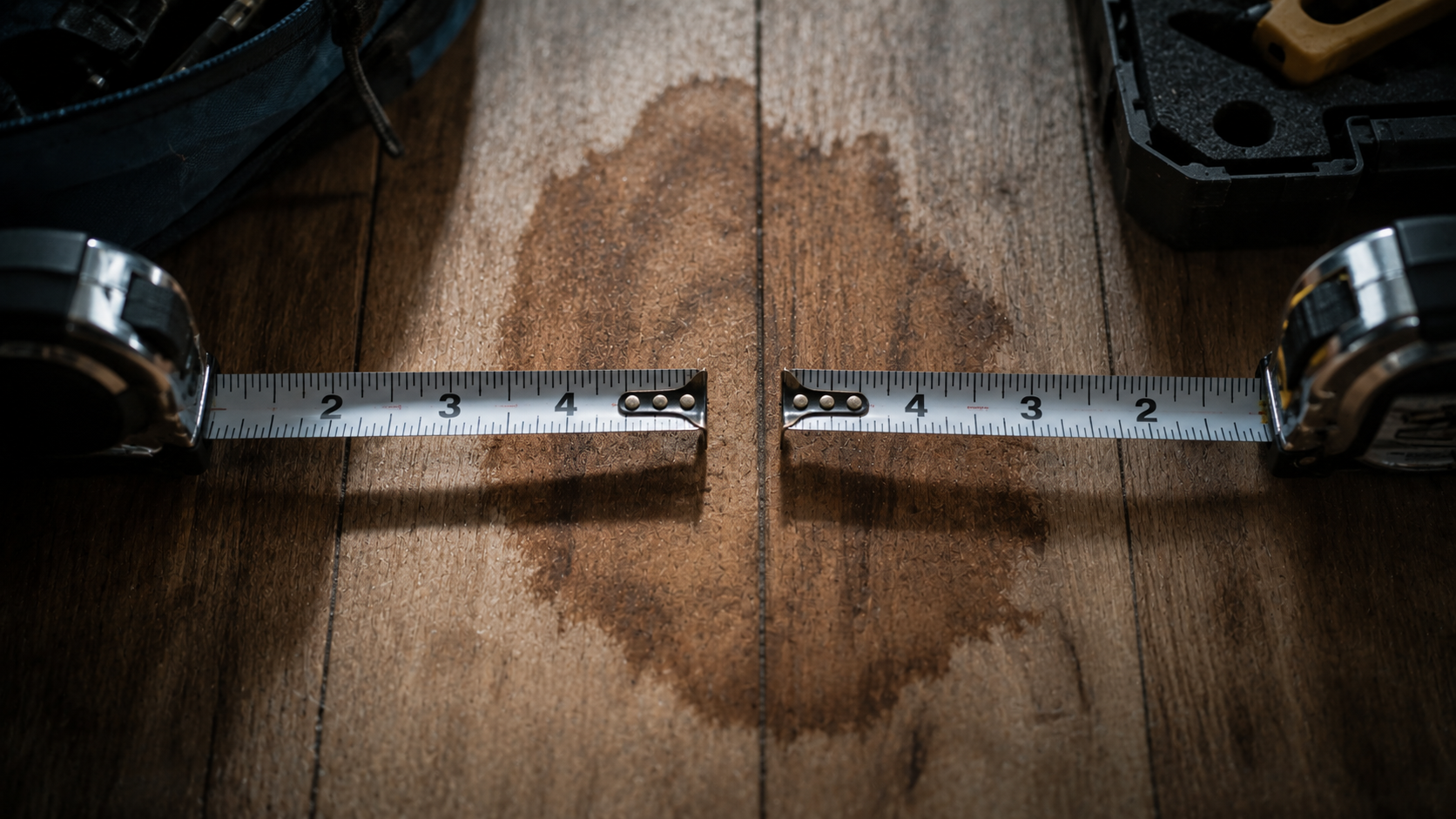 Two tape measures extending toward each other across a water stained oak floor plank.