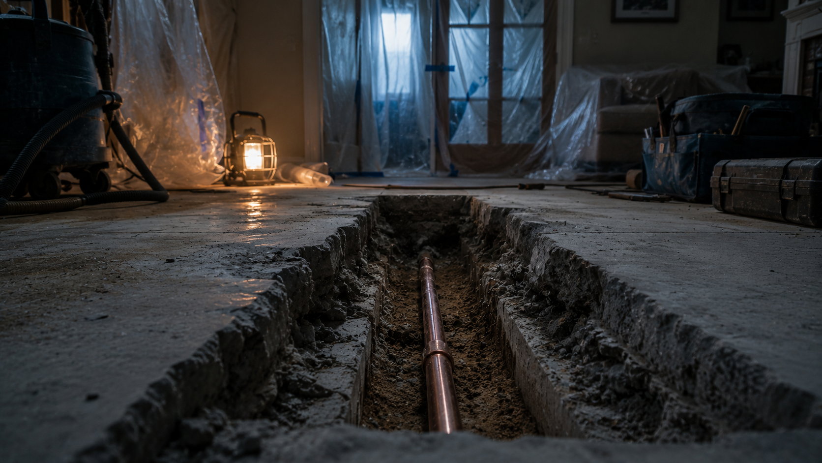 A rectangular cut through a concrete slab floor exposing a copper water line under an amber work light.