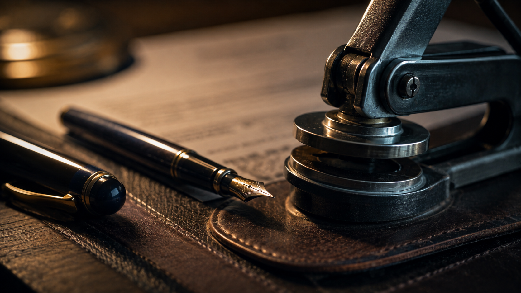 A fountain pen resting beside a notary embossing seal on a leather desk pad in warm lamplight.
