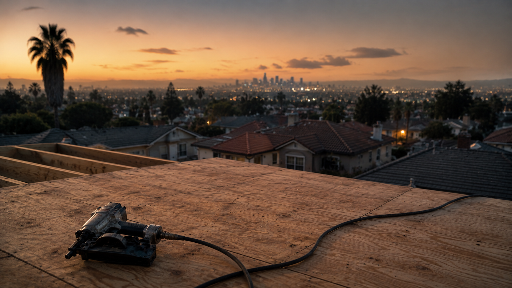 A view from a plywood roof deck across Los Angeles rooftops toward the distant downtown skyline at dusk.