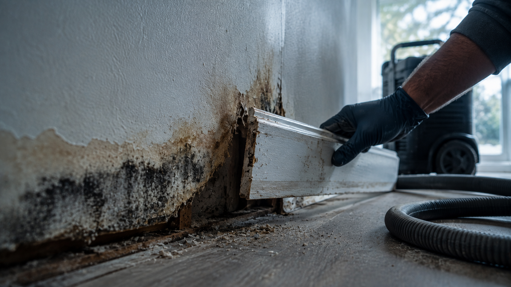A gloved hand pulling baseboard from a wall to reveal a dark damp stain on the drywall behind it.