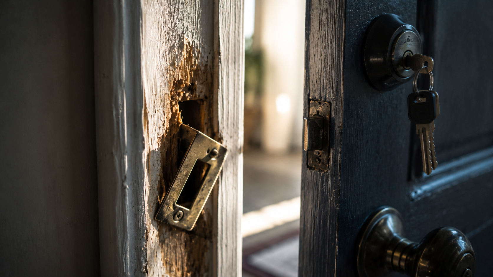 A splintered door jamb with the strike plate torn loose and keys still seated in the deadbolt.