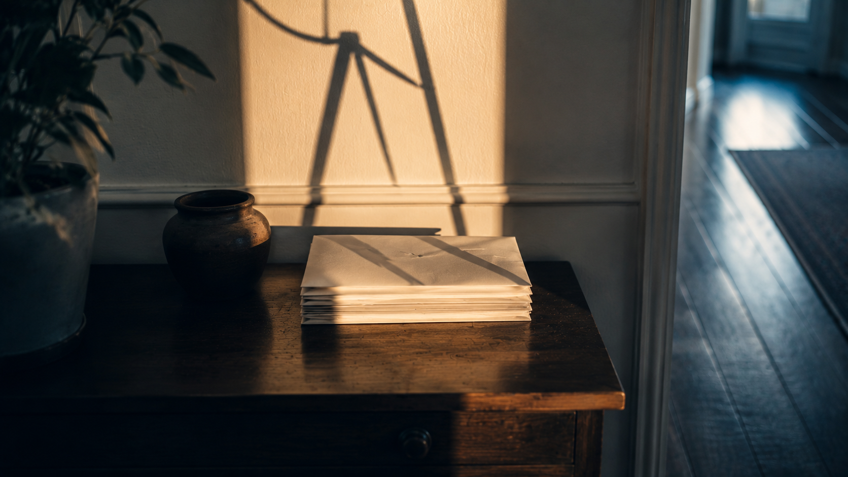 The shadow of clock hands falling across a stack of unopened envelopes on a hallway console.