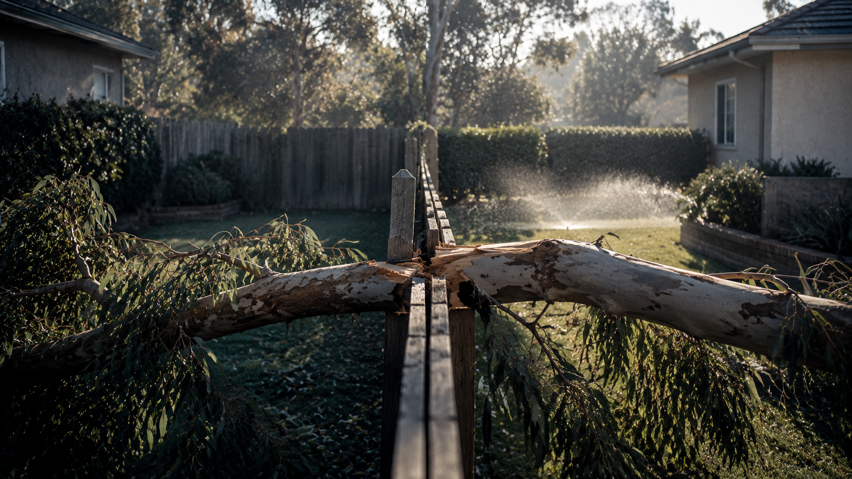 A fallen eucalyptus limb resting across a wooden property line fence between two backyards.