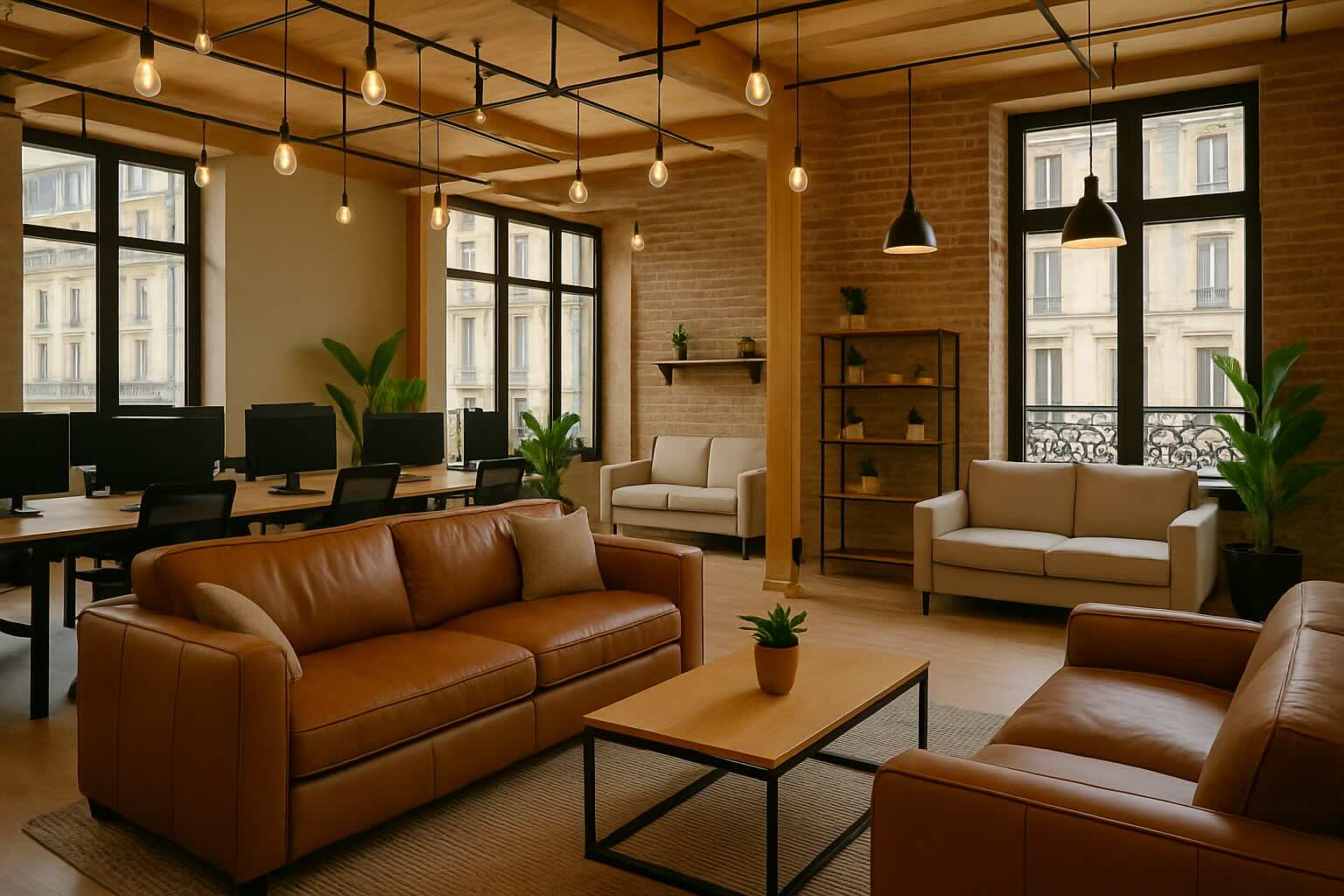 Bureaux chaleureux avec canapés et plantes