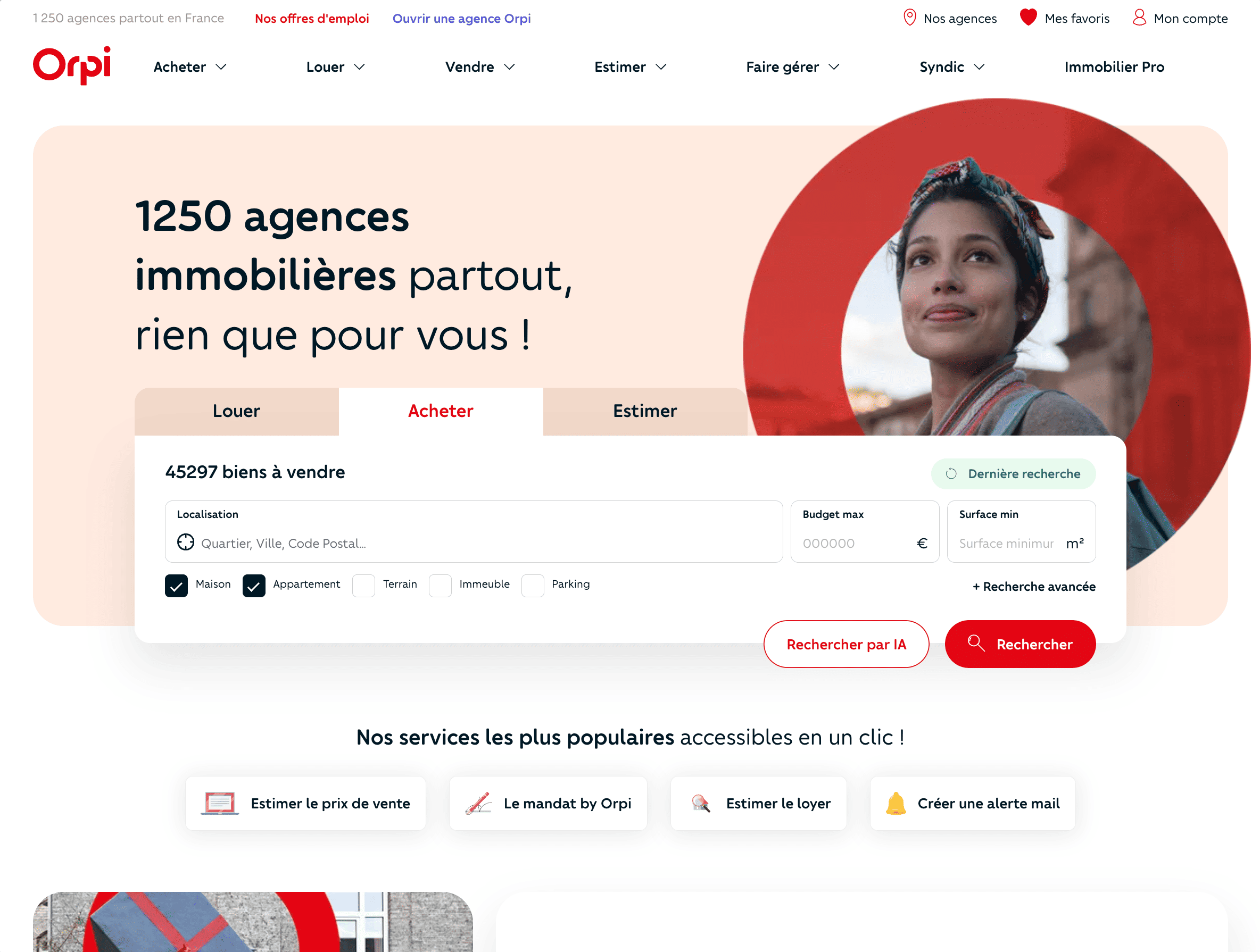 Section d'accueil du site Orpi, une agence immobilière française