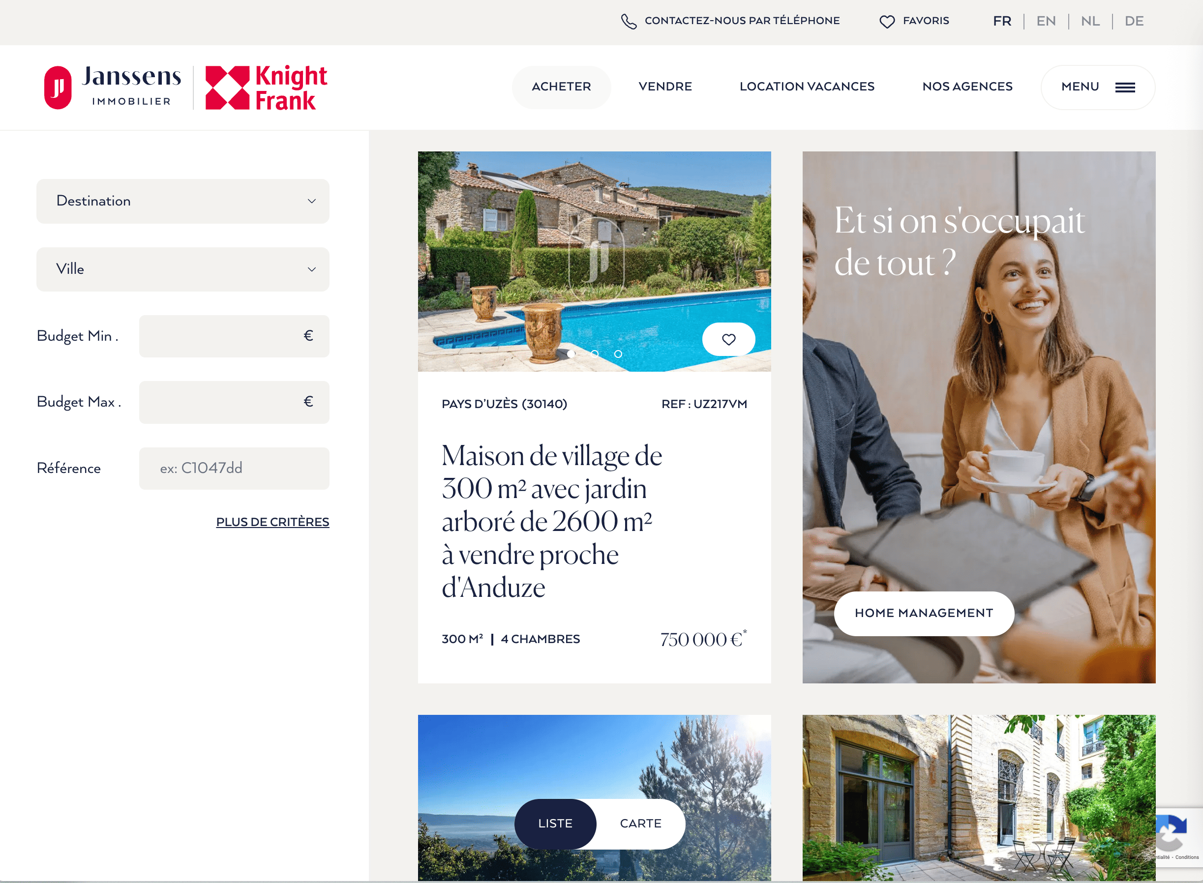 Janssens immobilier sur son site mets en avant ses services dans les listings de biens