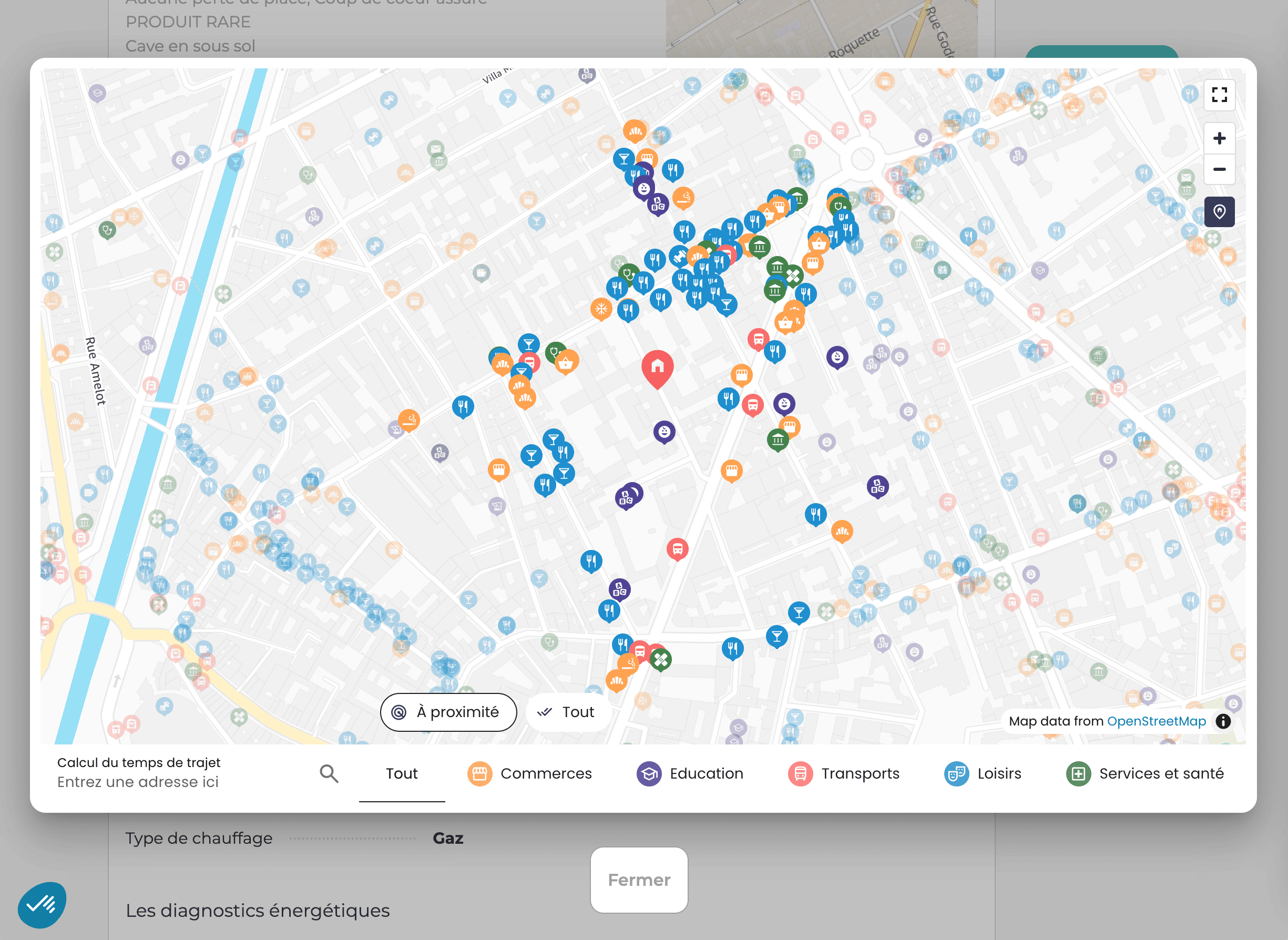 Fonctionnalité de découverte de quartier sur une fiche bien immobilier du site Foncia