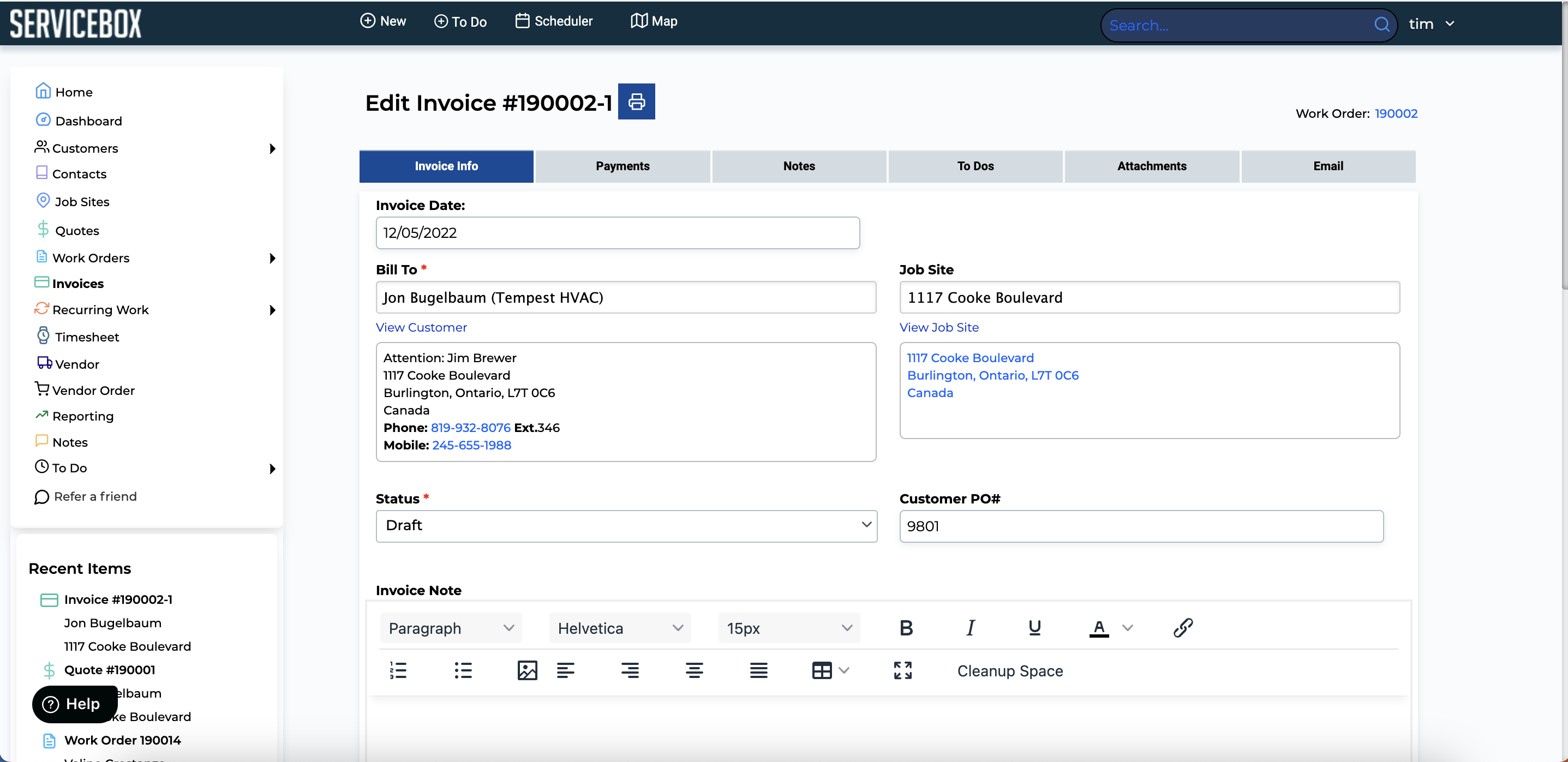 ServiceBox invoice edit screen showing billing and job site details