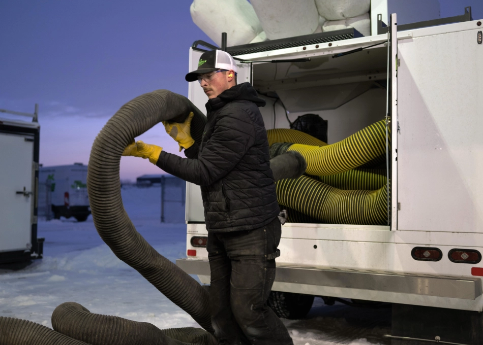 Canadian field service professional working beside a service truck in winter conditions.