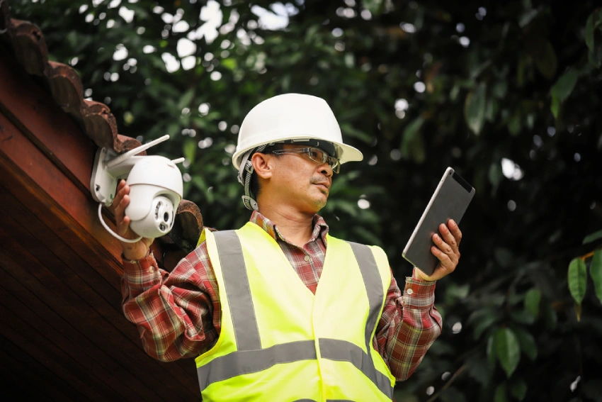 Security technician using a tablet while servicing surveillance equipment outdoors.