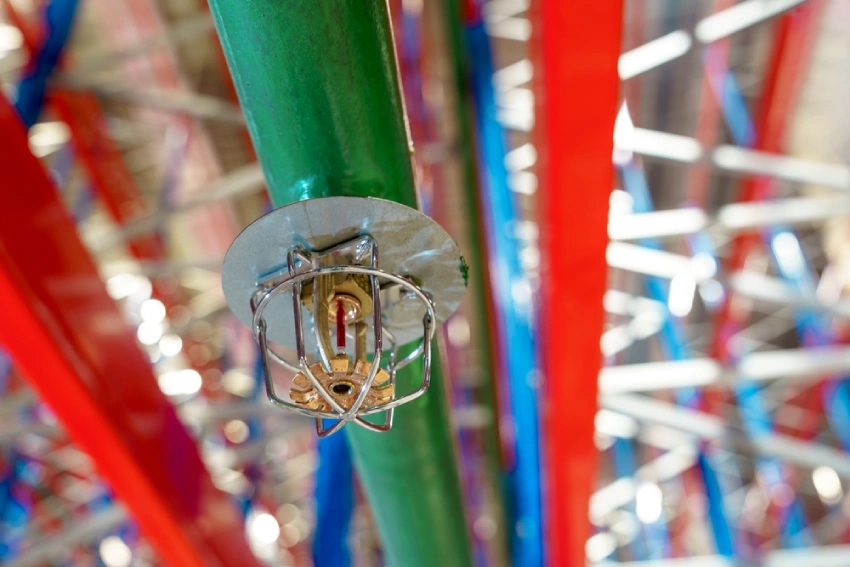 Fire sprinkler head connected to a green pipe in a commercial fire protection system.