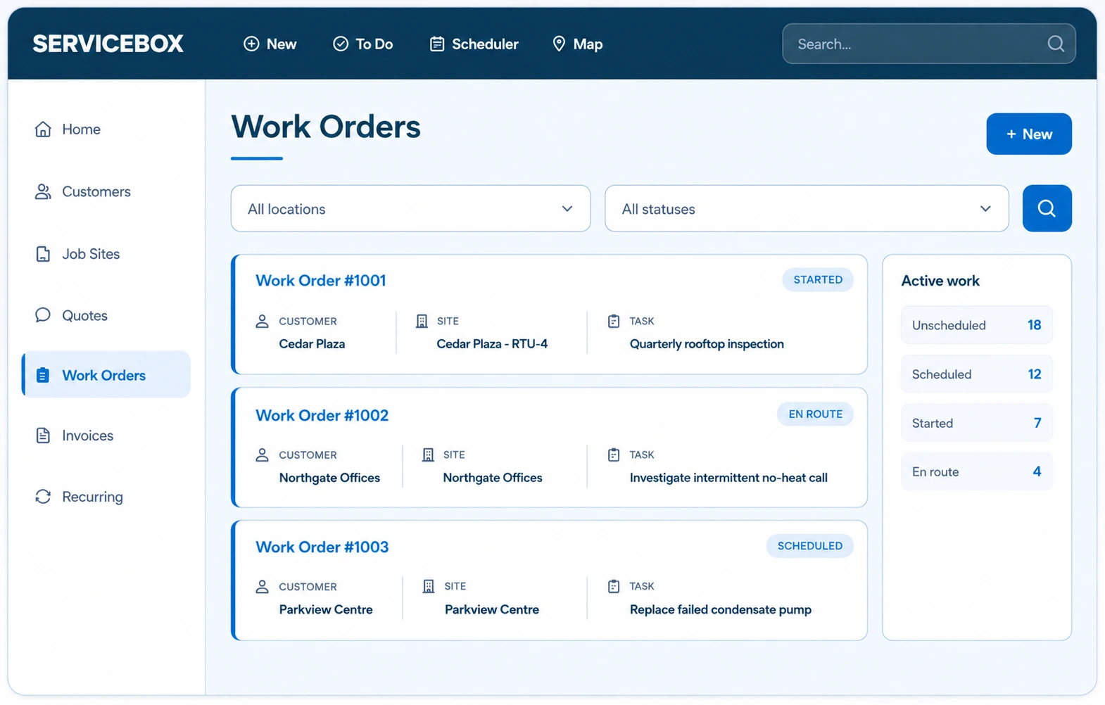 ServiceBox work orders interface showing active field service jobs.