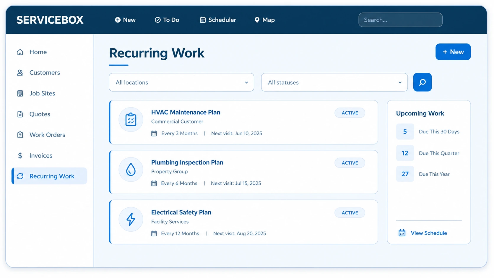 ServiceBox recurring work interface showing refrigeration maintenance plans and upcoming work