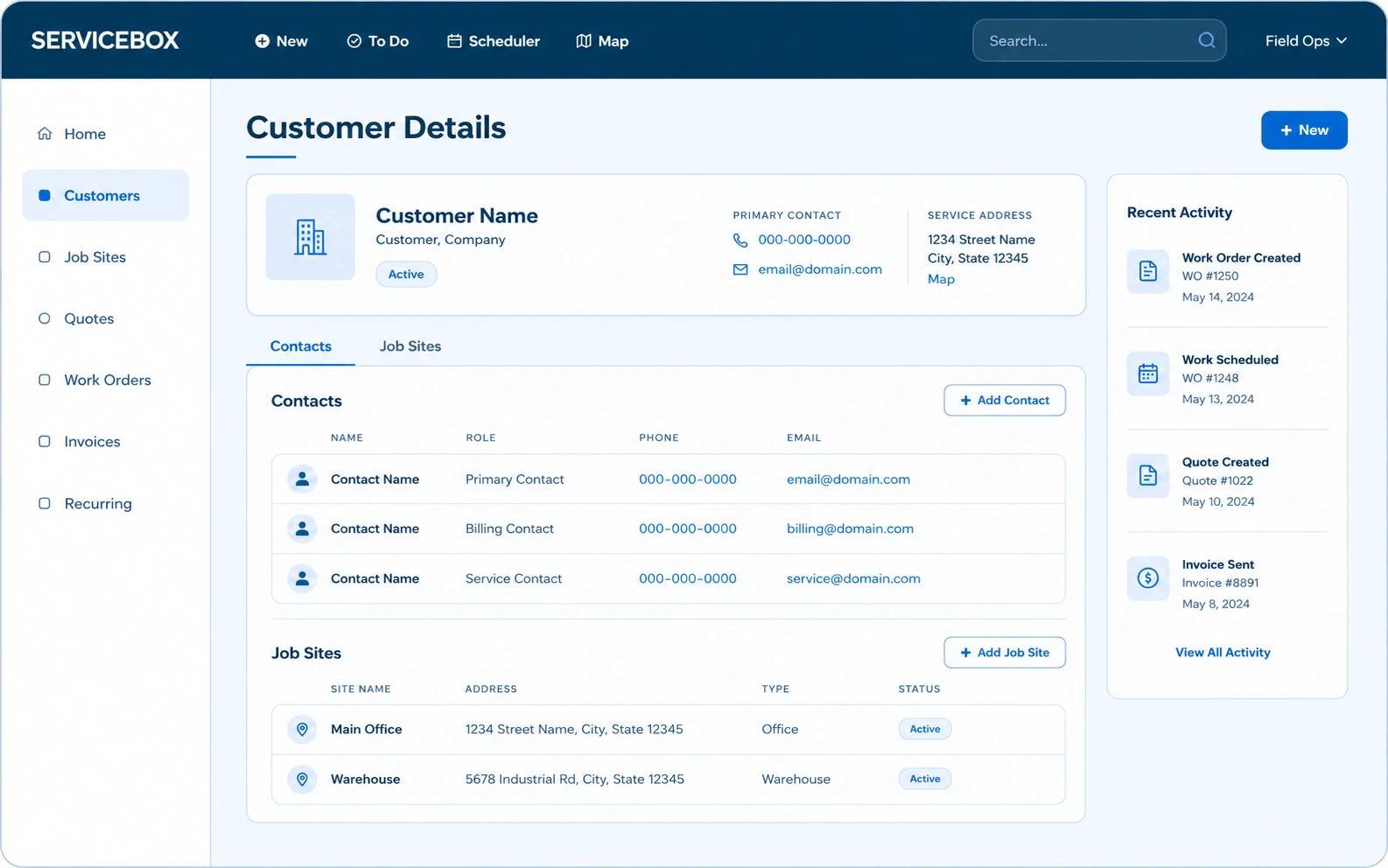 ServiceBox customer details showing contacts, job sites, and recent service activity.