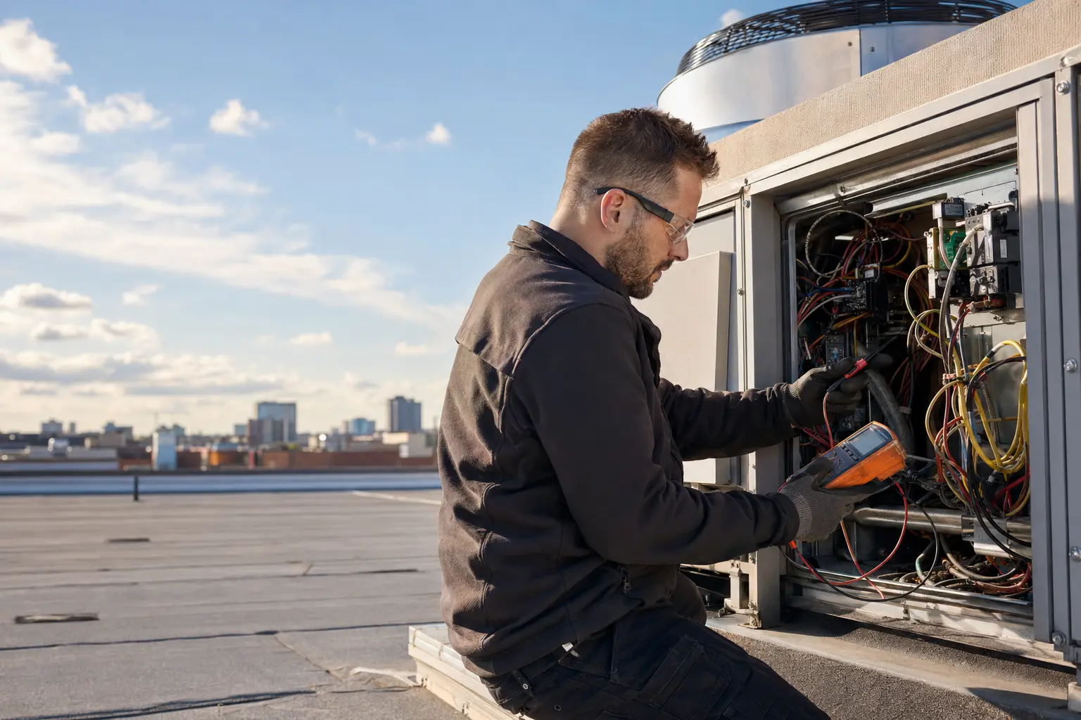 Commercial HVAC technician servicing rooftop equipment.